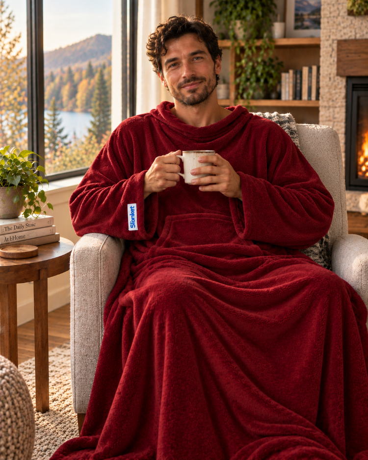 Man holding a mug and smiling in a Ruby Wine Slanket in a living room