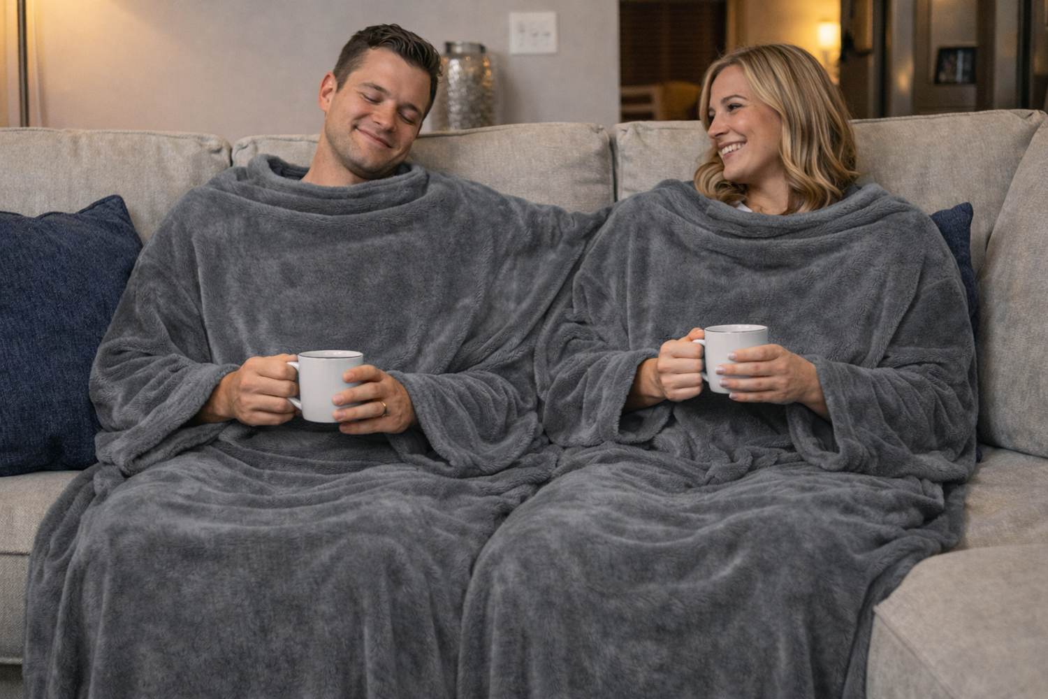 Two people using Slanket Siamese and lounging with cups of coffee. No more fighting over a regular blanket on the couch together.