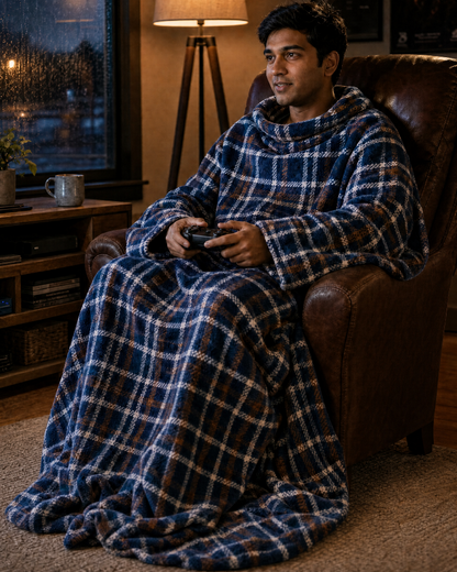 Man in a Nor'easter Plaid Slanket playing a video game in a leather armchair at night