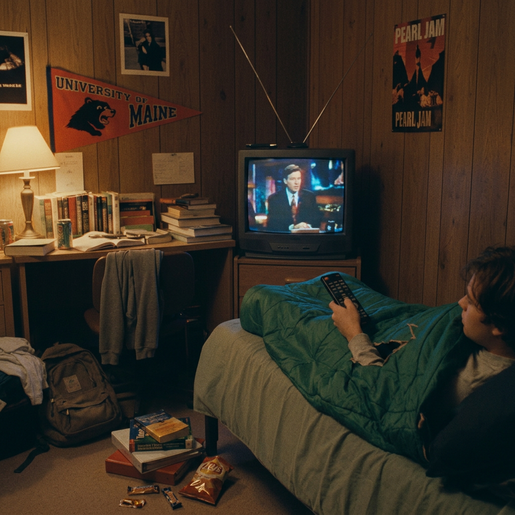 Person lying in bed in a dimly lit room with a tv. He has a hole in his sleeping bag so the remote will work and he will stay warm
