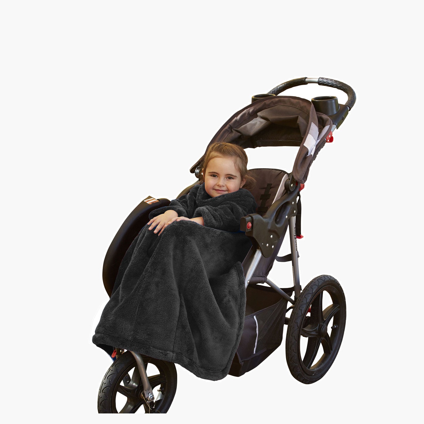 The Stroller Slanket - The Original Blanket with Sleeves. Kid in a stroller wrapped up in the luxurious material to stay warm on chilly evening or morning walks