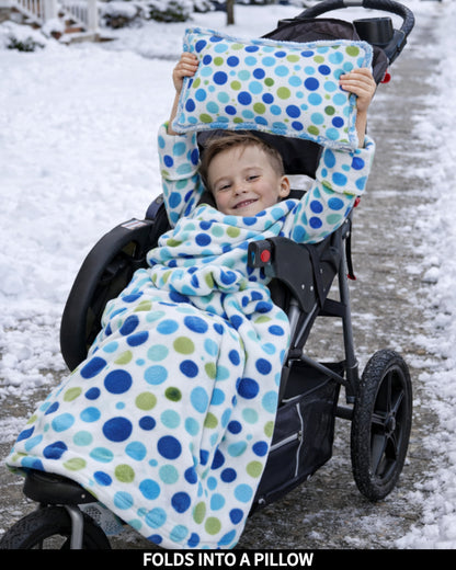 Product Images of Stroller Slanket folded into a pillow being held up by the child