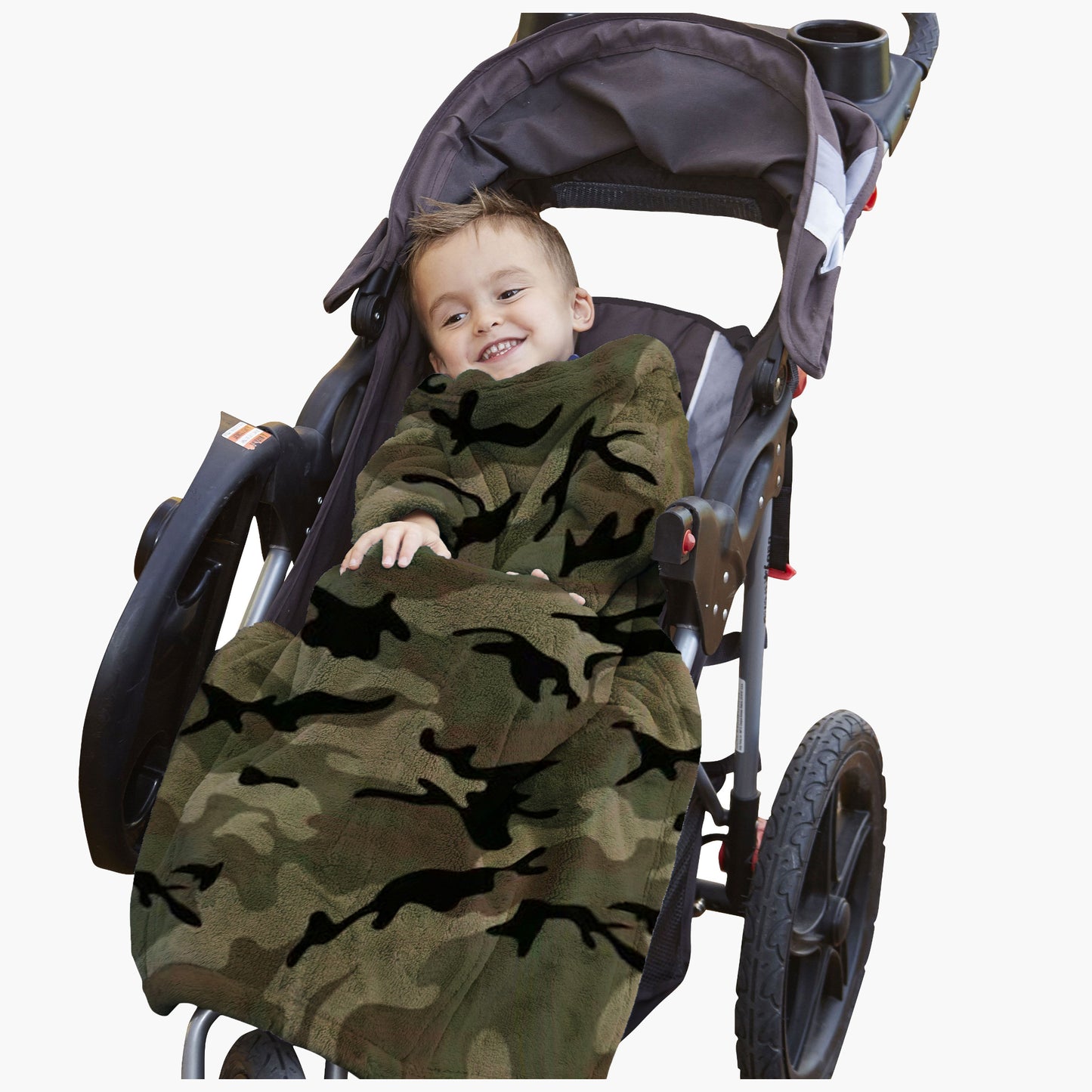The Stroller Slanket - The Original Blanket with Sleeves. Kid in a stroller wrapped up in the luxurious material to stay warm on chilly evening or morning walks