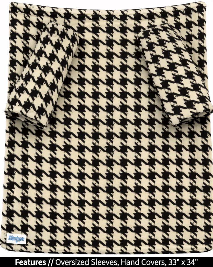 Product Image of the front of Stroller Slanket laid out flat. Showing the sleeves and listing the features of oversized sleeves and the dimensions of 33 inches wide by 44 inches long