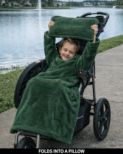 Product Images of Stroller Slanket folded into a pillow being held up by the child