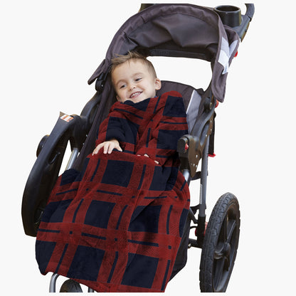 The Stroller Slanket - The Original Blanket with Sleeves. Kid in a stroller wrapped up in the luxurious material to stay warm on chilly evening or morning walks