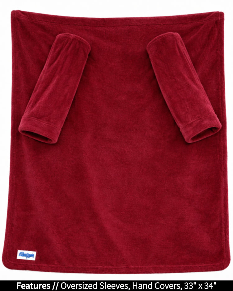 Product Image of the front of Stroller Slanket laid out flat. Showing the sleeves and listing the features of oversized sleeves and the dimensions of 33 inches wide by 44 inches long