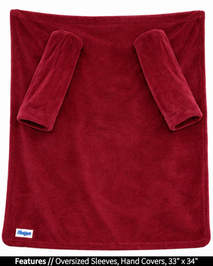 Product Image of the front of Stroller Slanket laid out flat. Showing the sleeves and listing the features of oversized sleeves and the dimensions of 33 inches wide by 44 inches long