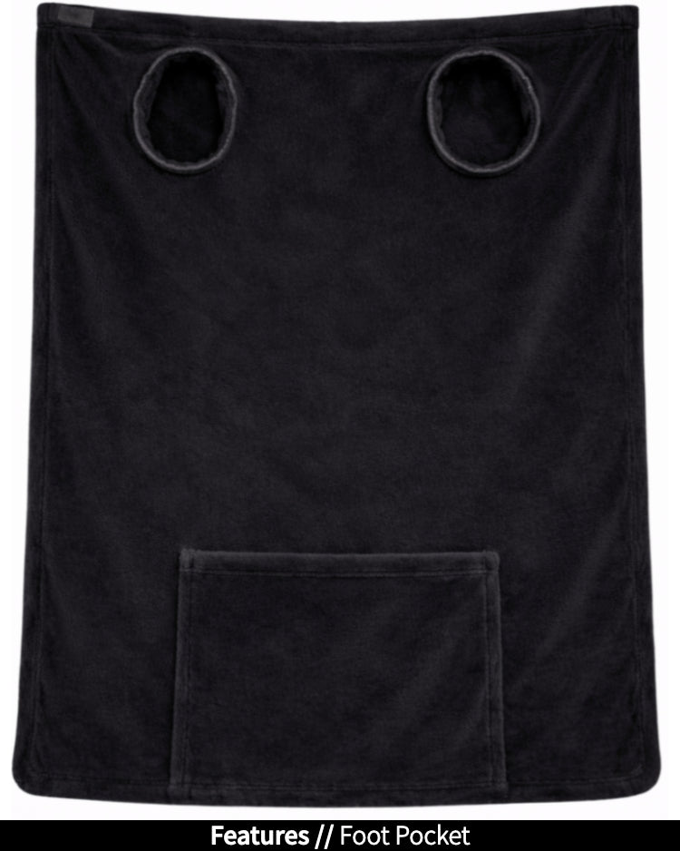 Black Stroller Slanket laid flat, back view, showing the sleeve openings and built-in foot pocket