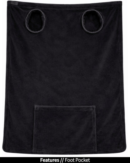 Black Stroller Slanket laid flat, back view, showing the sleeve openings and built-in foot pocket