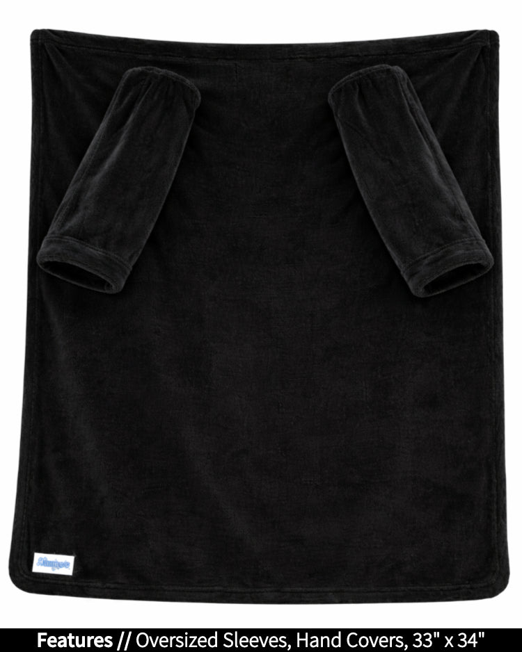 Black Stroller Slanket laid flat, front view, with callouts for oversized sleeves and hand covers