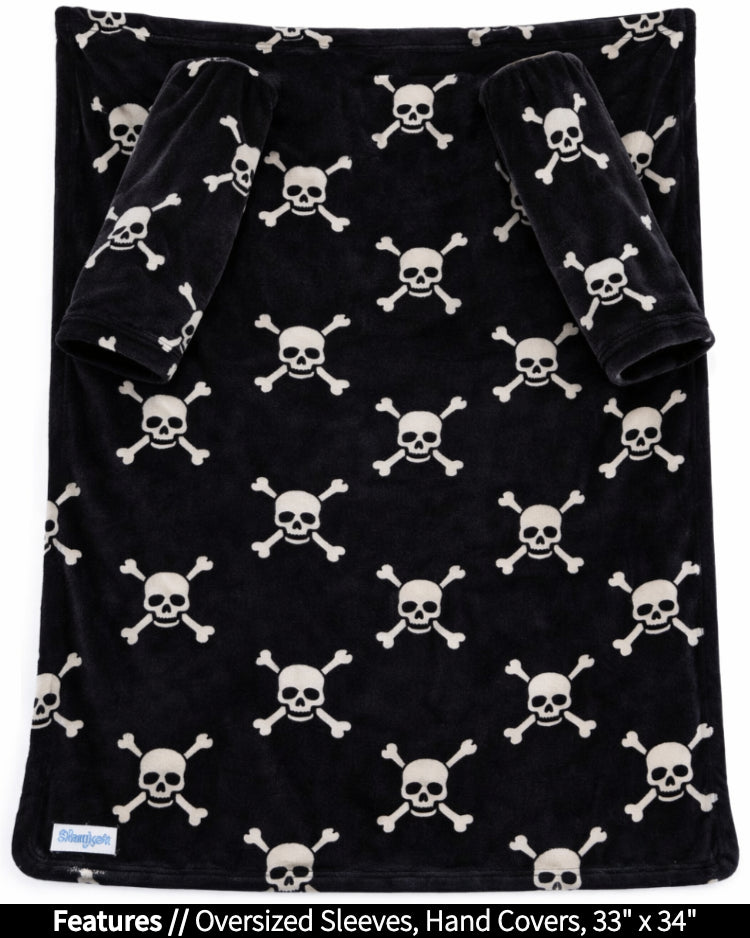 Skull & Crossbones Stroller Slanket laid flat, front view, with callouts for oversized sleeves and hand covers