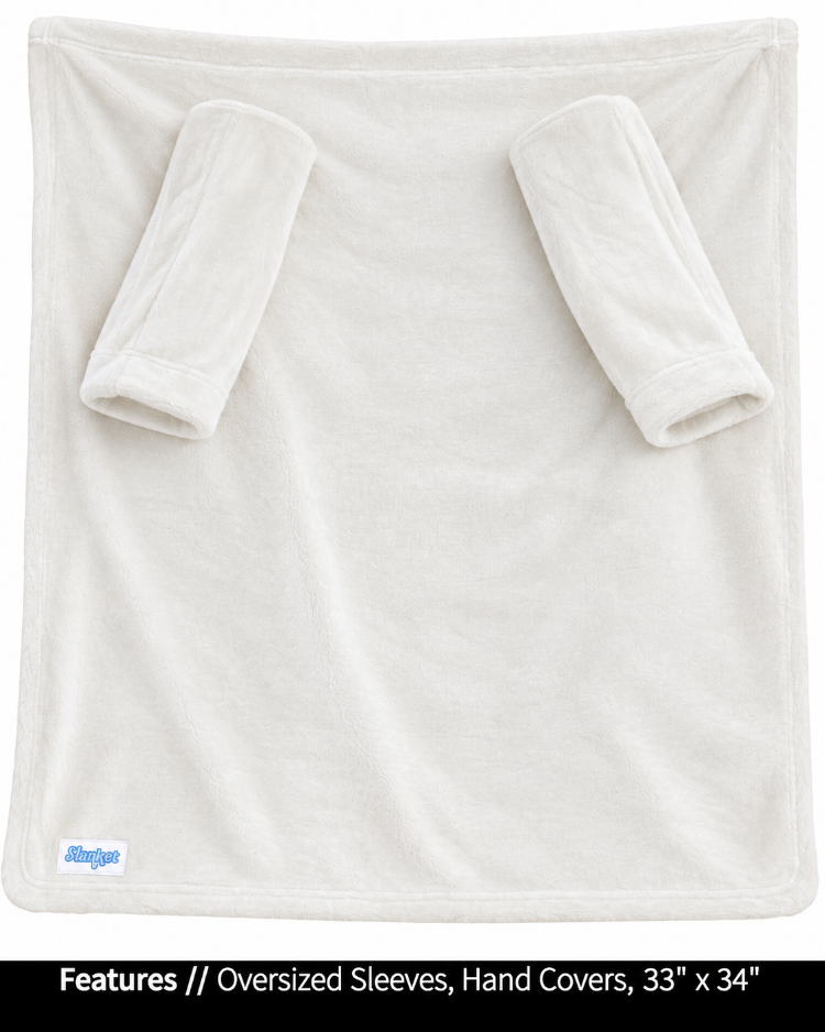 Cloud Dancer Stroller Slanket laid flat, front view, with callouts for oversized sleeves and hand covers