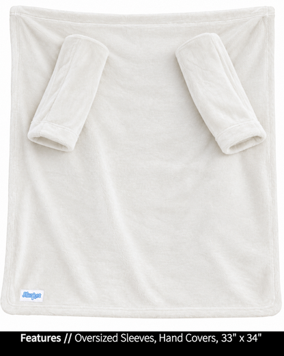 Cloud Dancer Stroller Slanket laid flat, front view, with callouts for oversized sleeves and hand covers