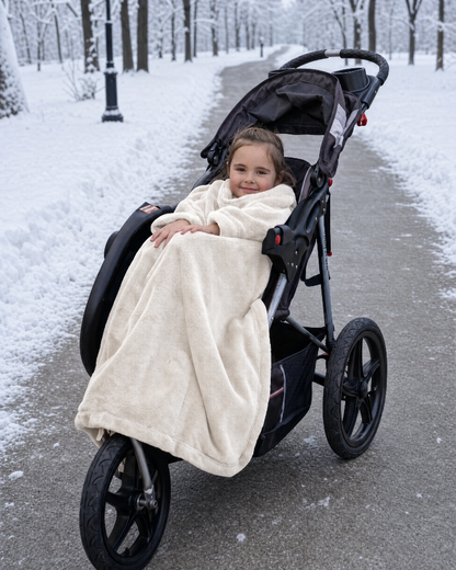 Girl in a stroller wrapped in a Cloud Dancer Stroller Slanket on a snowy path