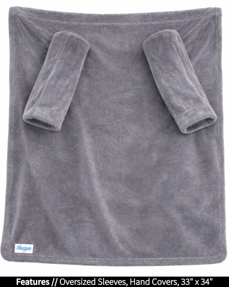 Gray Stroller Slanket laid flat, front view, with callouts for oversized sleeves and hand covers