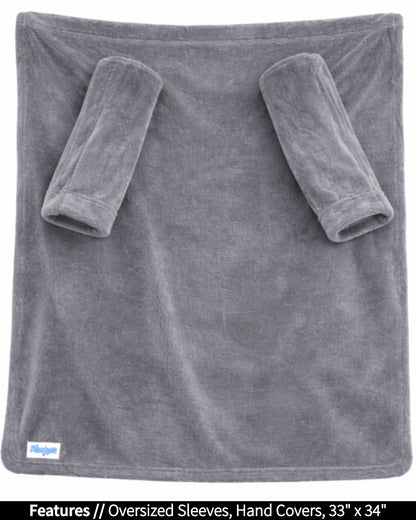 Gray Stroller Slanket laid flat, front view, with callouts for oversized sleeves and hand covers