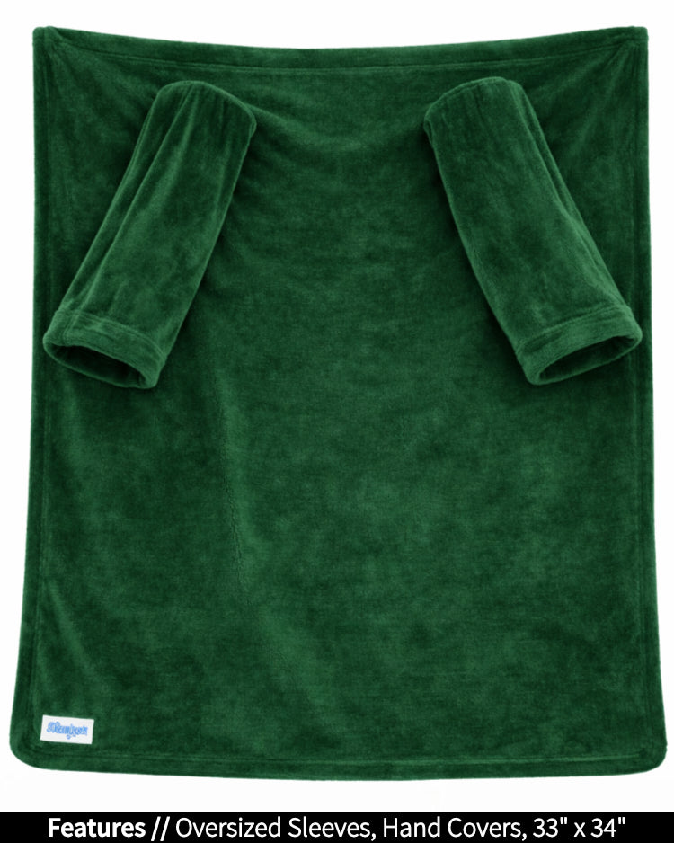 Hunter Green Stroller Slanket laid flat, front view, with callouts for oversized sleeves and hand covers