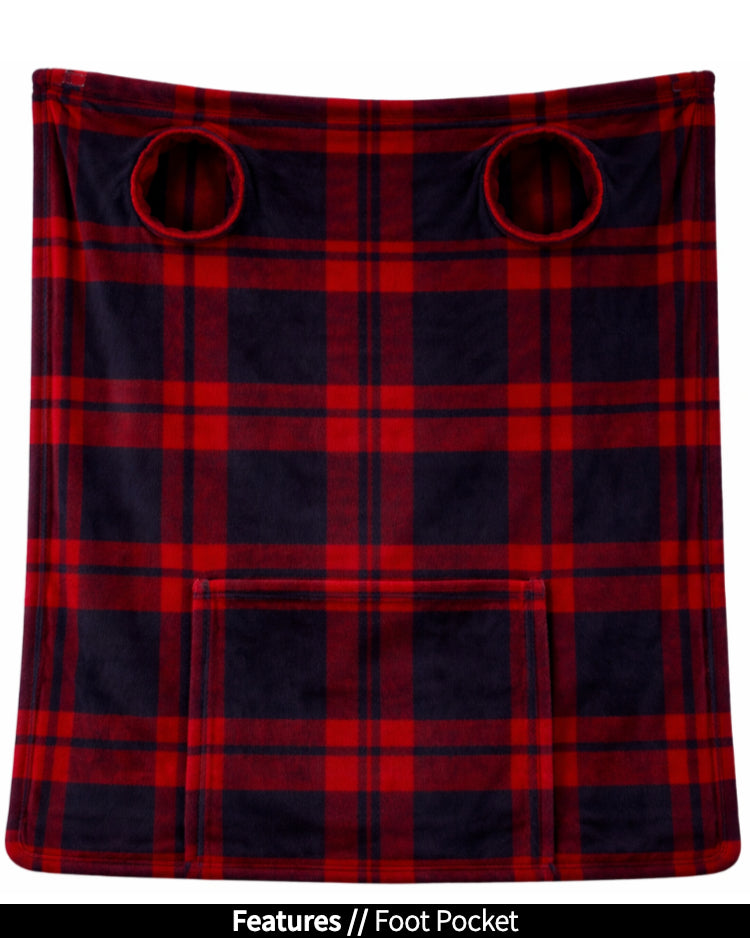 Plaid Stroller Slanket laid flat, back view, showing the sleeve openings and built-in foot pocket