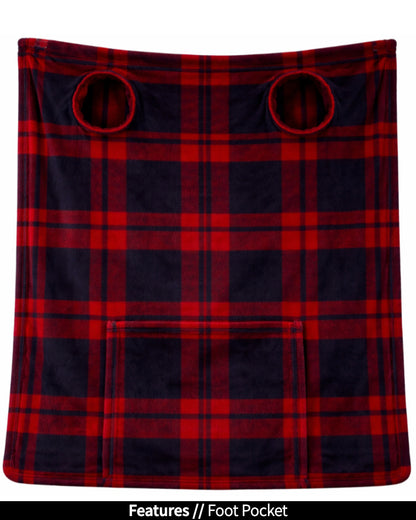 Plaid Stroller Slanket laid flat, back view, showing the sleeve openings and built-in foot pocket