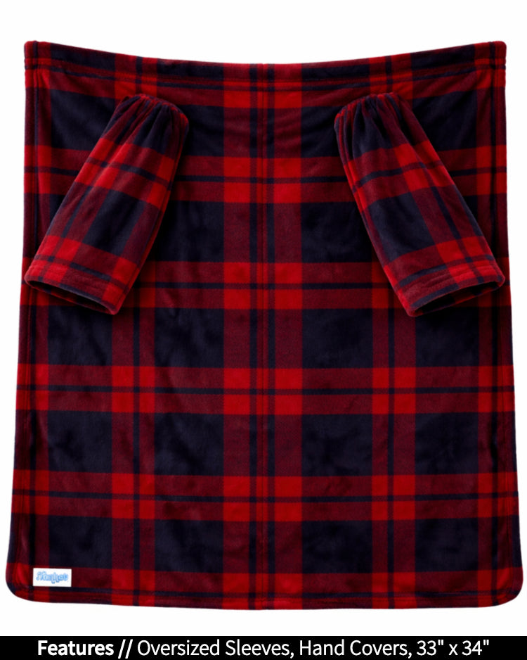 Plaid Stroller Slanket laid flat, front view, with callouts for oversized sleeves and hand covers