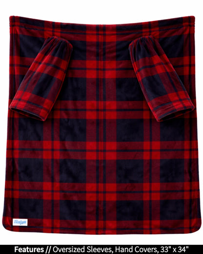 Plaid Stroller Slanket laid flat, front view, with callouts for oversized sleeves and hand covers