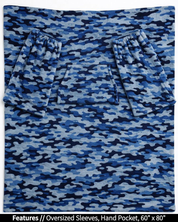 Product Image of the front of Slanket laid out flat. Showing the sleeves and listing the features of oversized sleeves and the dimensions of 60 inches wide by 80 inches long