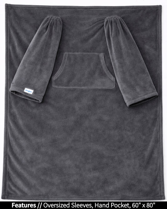 Product Image of the front of Slanket laid out flat. Showing the sleeves and listing the features of oversized sleeves and the dimensions of 60 inches wide by 80 inches long
