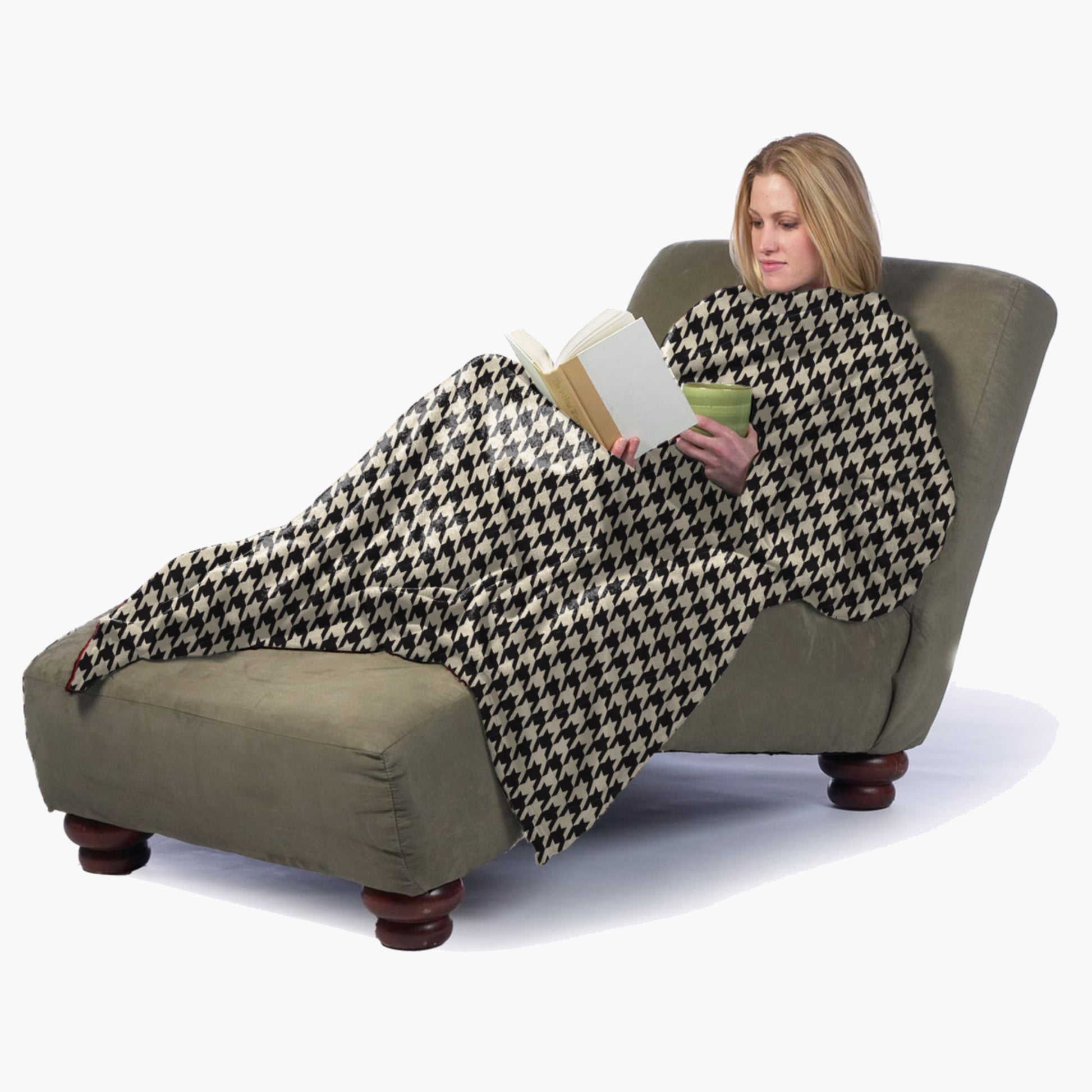 The Ultimate Slanket - The Original Blanket with Sleeves. Women using it while sitting in chaise lounge reading a book and drinking tea