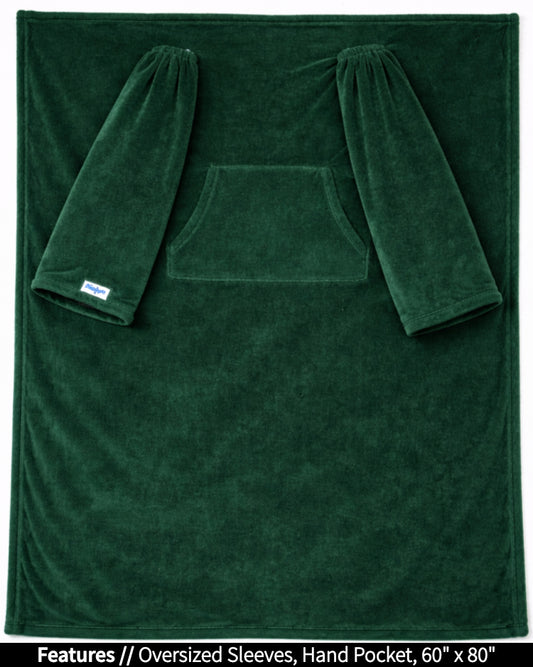 Product Image of the front of Slanket laid out flat. Showing the sleeves and listing the features of oversized sleeves and the dimensions of 60 inches wide by 80 inches long