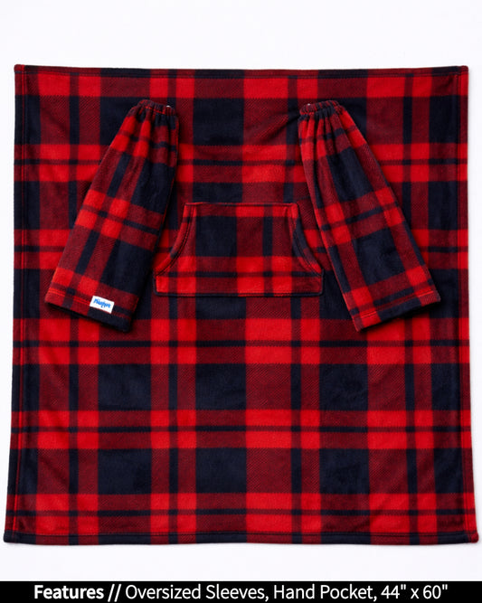 Product Image of the front of Slanket laid out flat. Showing the sleeves and listing the features of oversized sleeves and the dimensions of 44 inches wide by 60 inches long