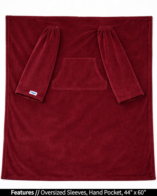 Product Image of the front of Slanket laid out flat. Showing the sleeves and listing the features of oversized sleeves and the dimensions of 44 inches wide by 60 inches long