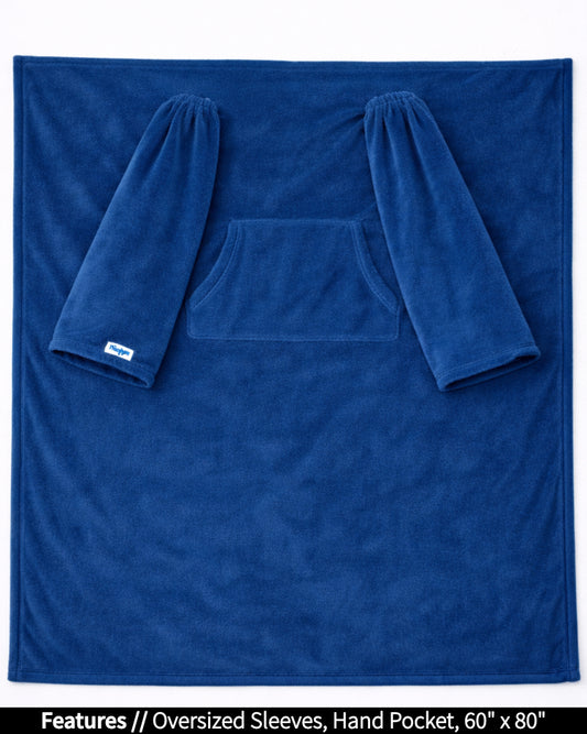 Product Image of the front of Slanket laid out flat. Showing the sleeves and listing the features of oversized sleeves and the dimensions of 60 inches wide by 80 inches long
