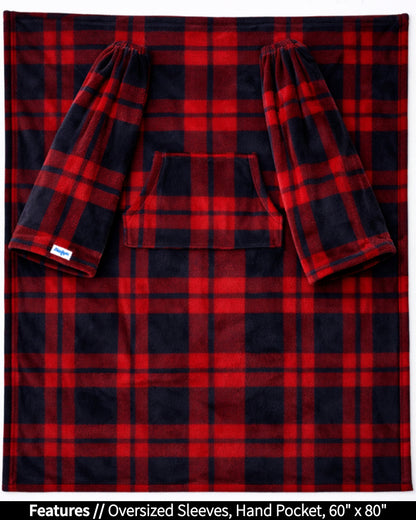 Product Image of the front of Slanket laid out flat. Showing the sleeves and listing the features of oversized sleeves and the dimensions of 60 inches wide by 80 inches long