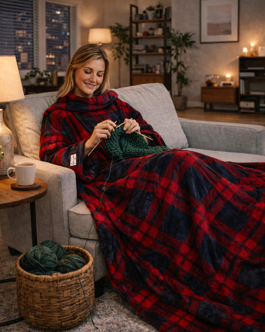 Product image of a women using Slanket and knitting