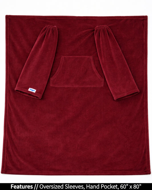 Product Image of the front of Slanket laid out flat. Showing the sleeves and listing the features of oversized sleeves and the dimensions of 60 inches wide by 80 inches long