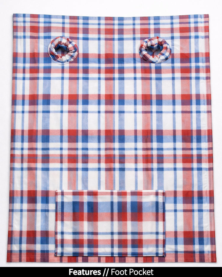 Red, white, and blue plaid shirt with a foot pocket on a white background