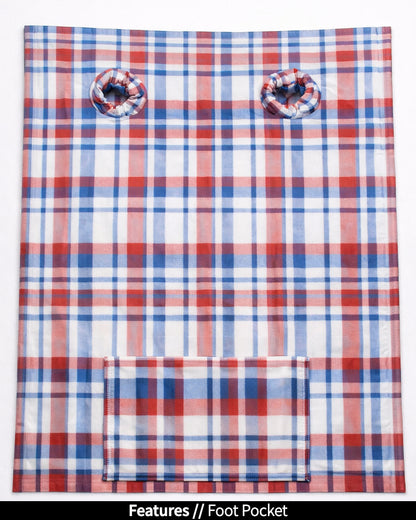 Red, white, and blue plaid shirt with a foot pocket on a white background