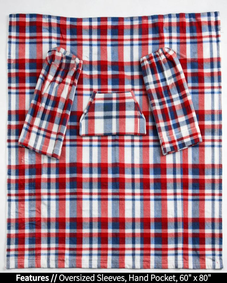 Red, white, and blue plaid blanket with oversized sleeves and a hand pocket on a white background.