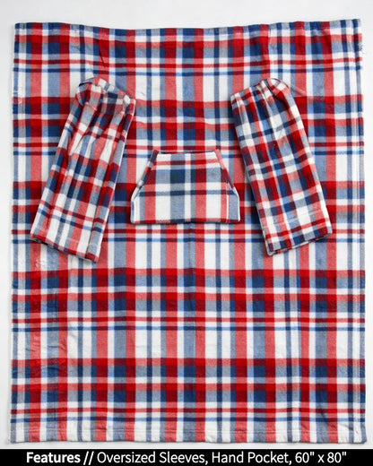Red, white, and blue plaid blanket with oversized sleeves and a hand pocket on a white background.