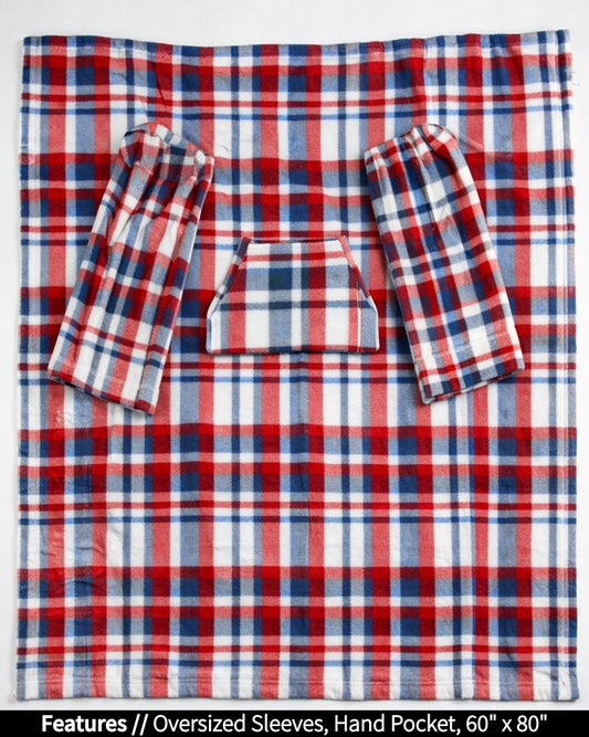 Red, white, and blue plaid blanket with oversized sleeves and a hand pocket on a white background.