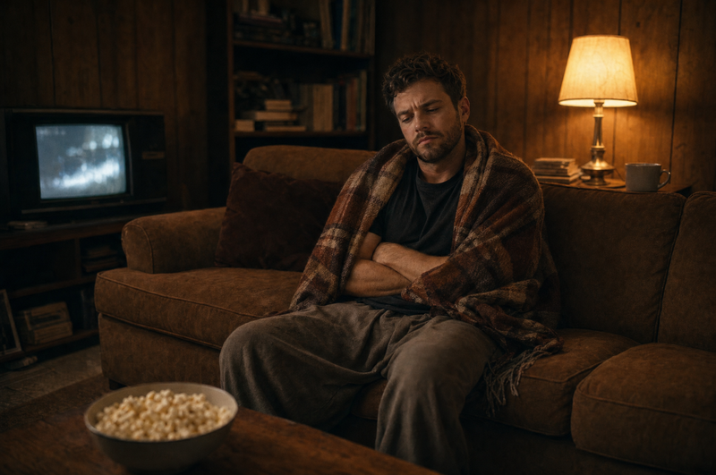 A frustrated man sits on a brown couch in a dimly lit living room, trying to be wrapped in a plaid blanket but its too small to cover his arms, with a bowl of popcorn in the foreground and a lit lamp on a side table.