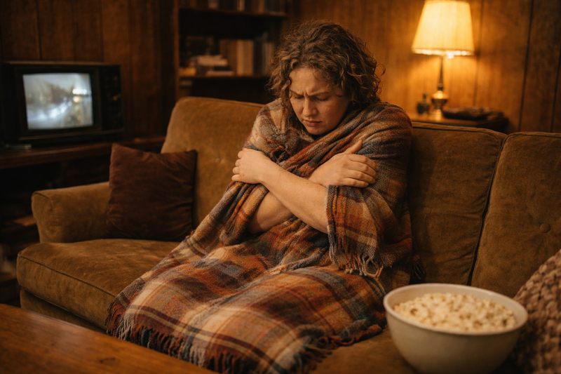 Woman wrapped in a plaid blanket on a couch with popcorn, TV in the background, freezing with his small throw blanket wishing he had a Slanket