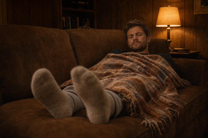 A man relaxes on a brown couch in a dimly lit room, wrapped in a warm-toned plaid blanket with his feet propped up and cold since the blanket can't cover them.