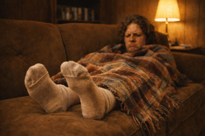Person lying on a couch under a blanket with feet visible, in a dimly lit room. Frustrated that his small throw blanket doesn't cover his feet. Wishing he had a Slanket