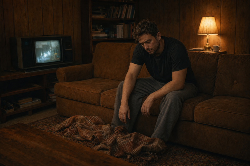 A man sits dejectedly on a brown couch in a dimly lit, wood-paneled living room, with a television on and a lamp glowing in the background.