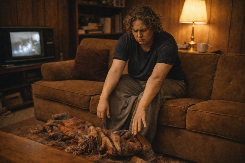 Man sitting on a brown couch in a dimly lit room with a television in the background. Wishing his throw blanket was big enough to cover him and not fall off all the time.