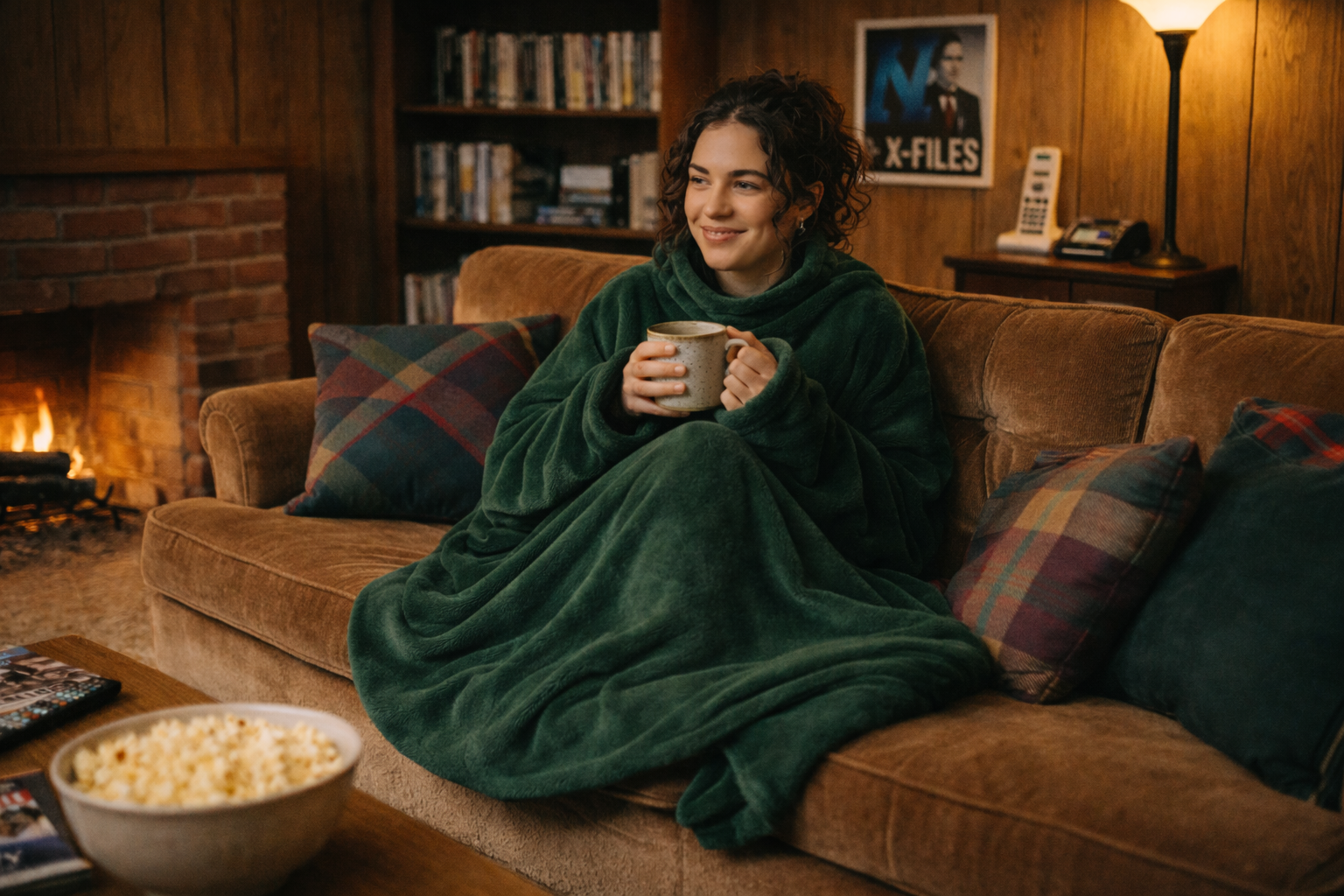 Woman in a green Slanket sitting on a couch with a mug, surrounded by a cozy living room setting.