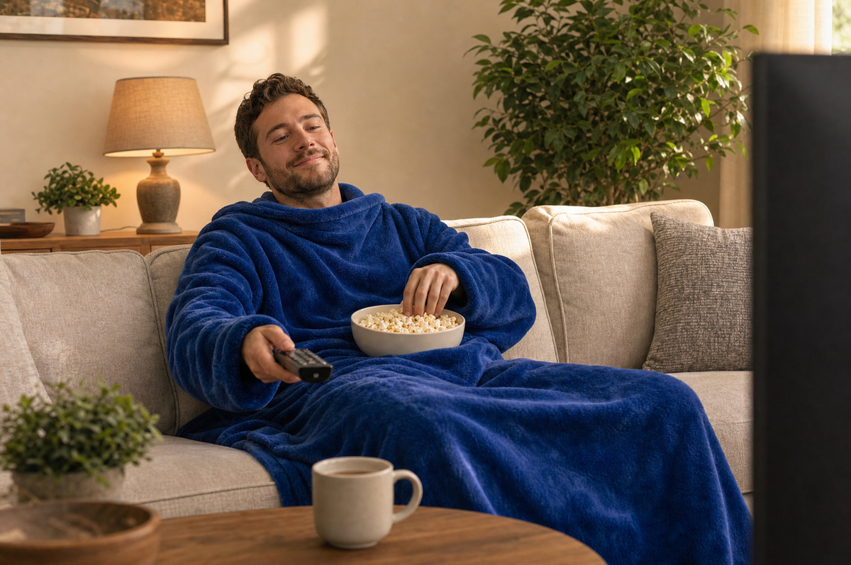 Man in a blue Slanket with remote and bowl of popcorn sitting in a living room